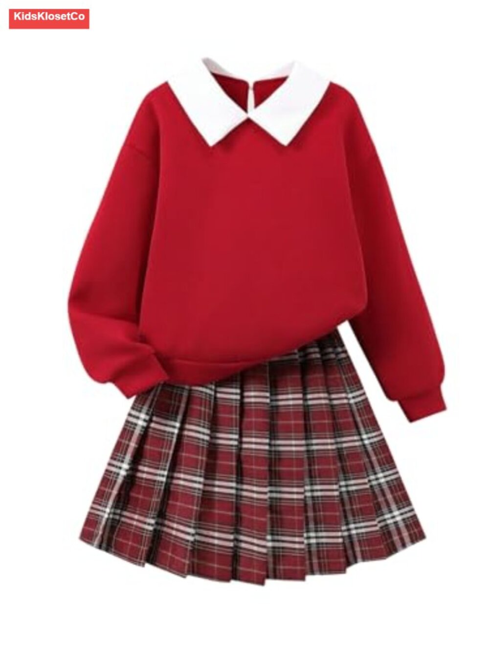 Girls Preppy 2-Piece Collared Sweatshirt & Plaid Pleated Skirt Set
